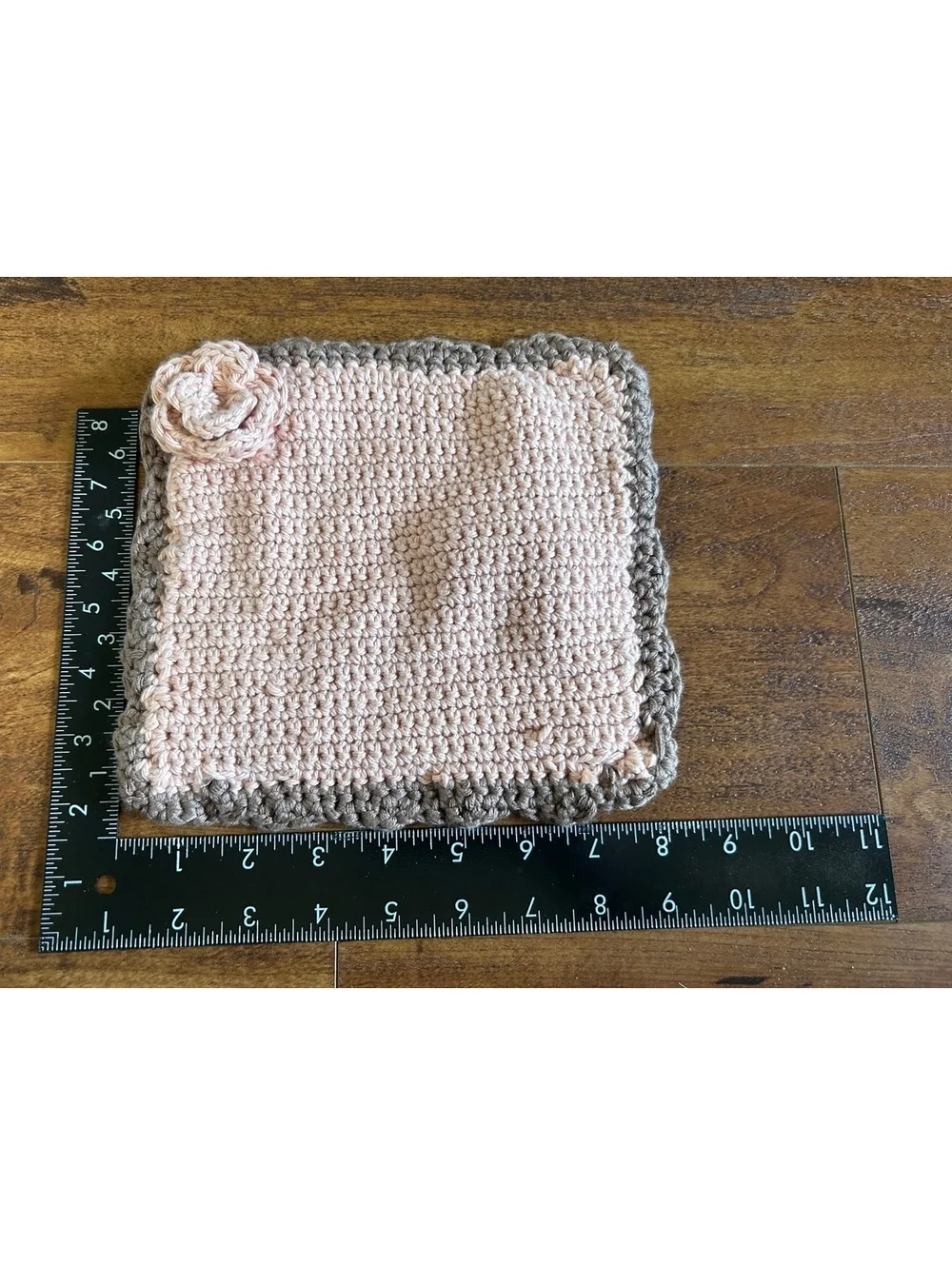 Handmade Crochet Pink and Taupe Square Coaster with Flower Accent
